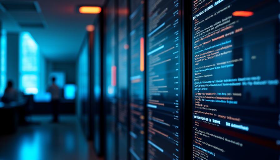 Developers working and monitors with data code